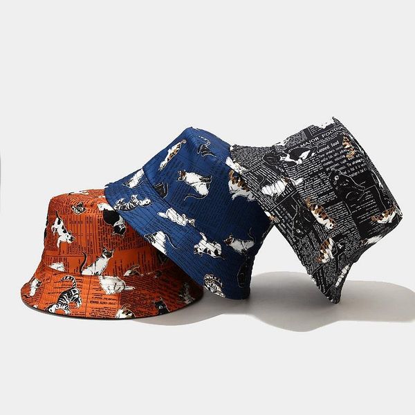 

wide brim hats cute cat print women bucket cartoon graffiti spring double side fisherman caps outdoor foldable sun, Blue;gray