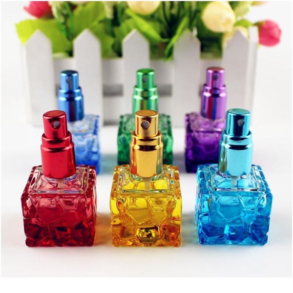 

20pcs/lot 10ml colorful square glass perfume bottle refillable sample portable empty atomizer mini travel parfum spray qylwby