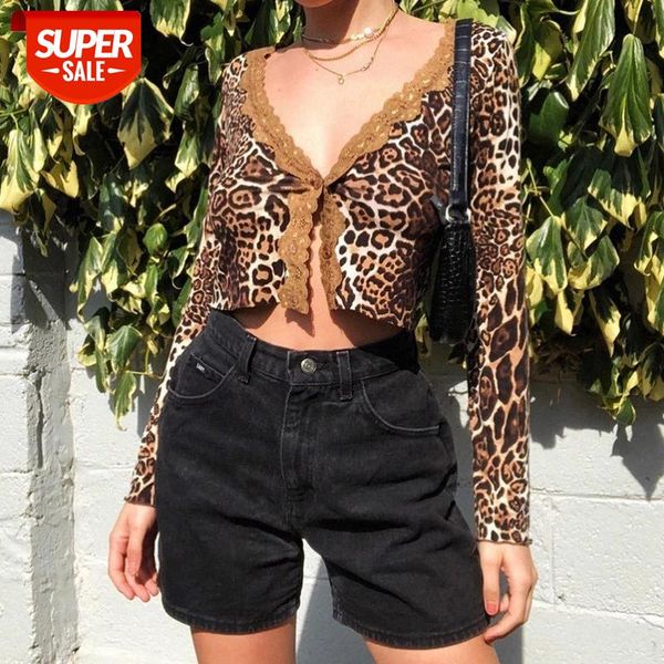 

y2k aesthetics leopard print wild lace trim e-girl vintage one button v-neck long sleeve khaki t-shirts 90s #5h51, White