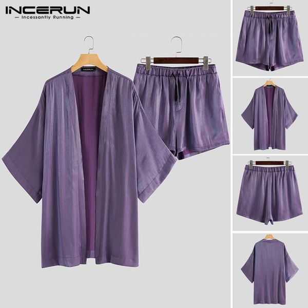 

incerun men pajamas set short sleeve short trousers suits loose soft nightwear man casual breathable purple nightgown sets 5xl1, Gray