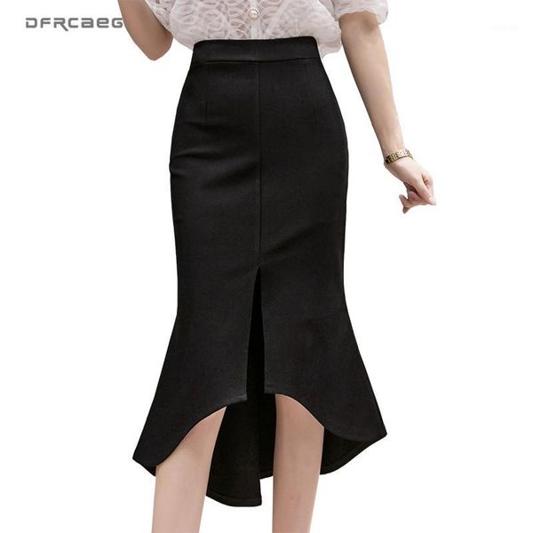 

black high waist knee length womens skirts with ruffle 2020 summer casual split work formal skirt korean femme saia1