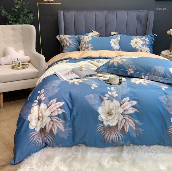 

modern bedding set teen,full  king 60s cotton vintage blue plant floral double home textile bedsheet pillowcase duvet cover1