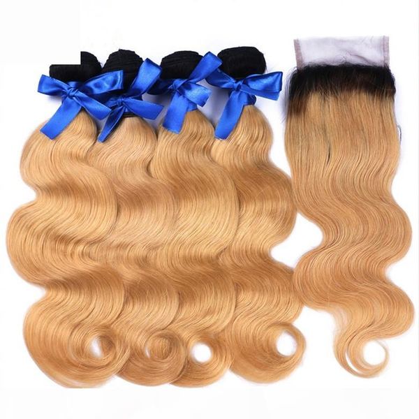 

brazilian ombre human hair 4bundles with closure #1b 27 honey blonde ombre body wave 4x4 lace closure with wefts light brown ombre weaves, Black;brown