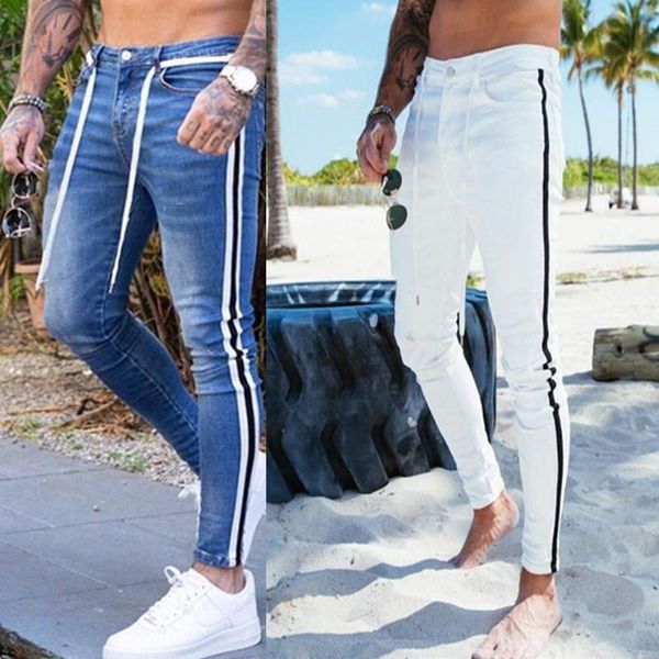 

men's jeans 4xl mens side stripe skinny fit blue denim hip hop streetwear solid color plus size slim lightweight cotton for