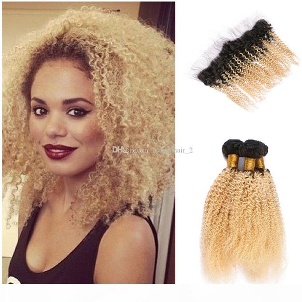 

blonde #1b 613 ombre human hair bundles with lace frontal closure dark root afro kinky curly peruvian virgin hair weaves with lace frontal, Black;brown
