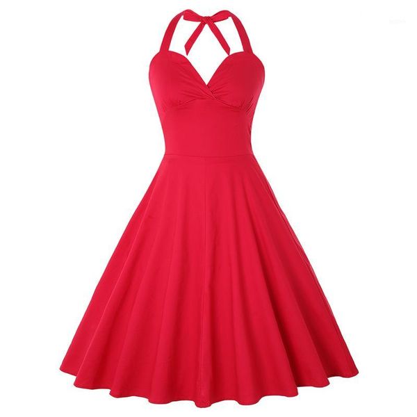 

red vintage halter party dress women summer pin up cotton hepburn style big swing rockabilly dresses plus size 4xl vestidos1, Black;gray
