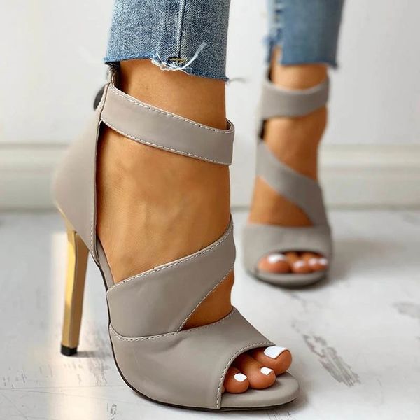 

2021 new women summer thin high heels zipper peep toe office hollow out sandals shoes woman 62em, Black