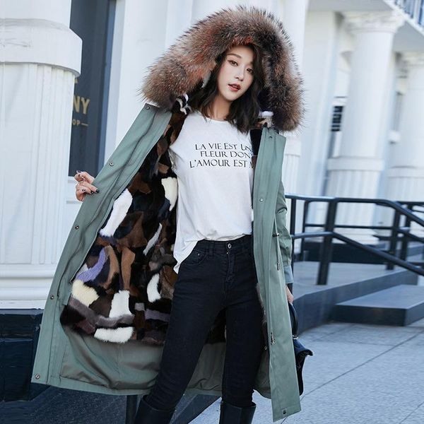 

autumn winter liner raccoon fur collar parka 2020 women's hooded fur coat, Black