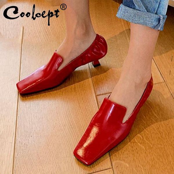 

coolcept 2020 обуви женщина насосы площади toe тонкого каблук скольжения на коже открытого стрит обуви партии женской обувь размер 34-39, Black
