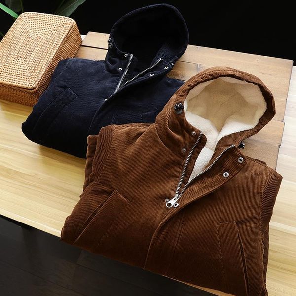 

40 градусов зима теплая овечьей шерсти мужская куртка вельвет parka пальто с капюшоном повседневная хлопок верхняя одежда 2021, Black