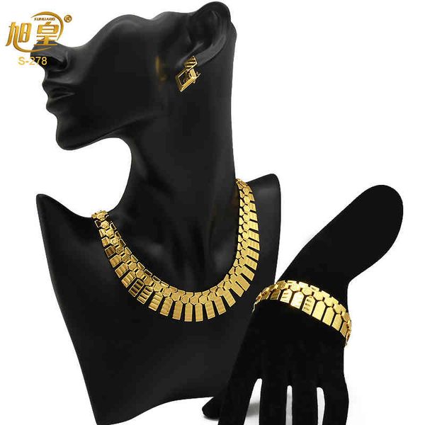 Xuhuang Indianer Brauthochzeit Schmuck Set goldplattiert Ohrring Halskette und Armband Afrika Luxus Nigerian Schmuck für Frauen 5C98