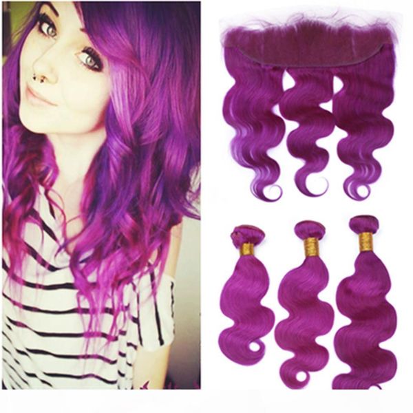 

virgin brazilian purple colored human hair weaves with frontal closure body wave wavy pure purple 13x4 full lace frontal with 3bundles, Black;brown
