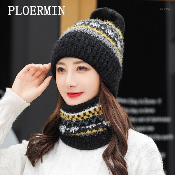 

ploermin winter hats women's beanie thick warm skullies knitted hat ripple bonnet femmes outdoor riding cap scarf set1, Blue;gray