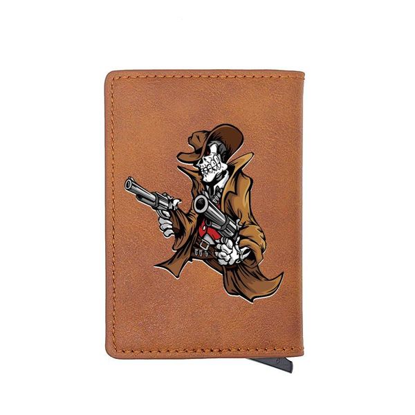 

vintage skull with gun digital printing card holder wallet men women leather aluminium small purse gift, Brown;gray