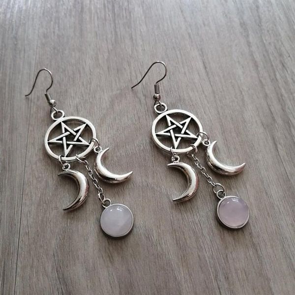 

pentagram crescent moon rose stone earrings natural stone wicca witchy witch magic pagan gothic 2021 new women gift fashion, Silver