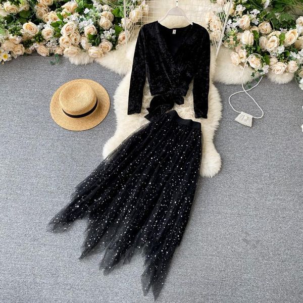 

women's tracksuits vintage casual 2 piece skirt set women 2021 v neck short bow lace up+high waist mesh loose skirts female sets, Gray