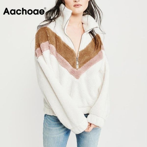 

aachoae warm hoodies women autumn winter patchwork zipper long sleeve fleece pullover casual loose teddy sweatshirts sudaderas 201102, Black