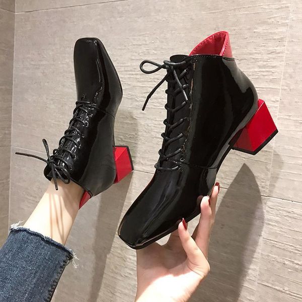

rimocy 2020 patent leather high heels boots women square toe lace up fashion ankle boots woman autumn winter short botas mujer1, Black