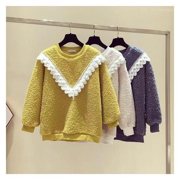 

2019 autumn winter new korean style loose fleece lamb wool fleece o neck with lace cute pullover for girls ladies clothes1, White;black