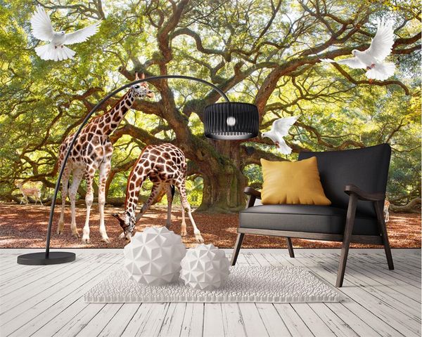 Beibehang Kundenspezifische Tapete 3D schöner Baum Giraffe Taube Wandfernseh Sofa Hintergrund Hauptdekoration Wandbilder 3d