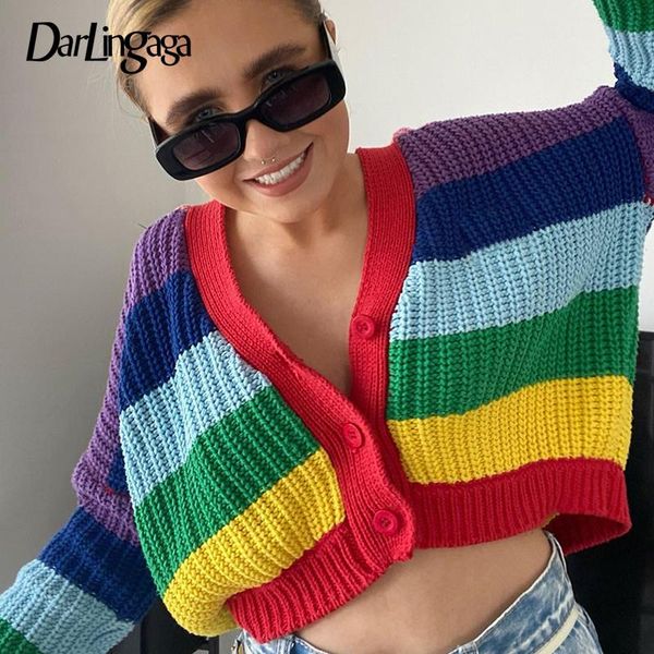 

darlingaga streetwear v neck rainbow stripe cardigan women sweater casual cropped autumn winter knitted sweaters korean jackets, White