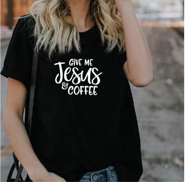 

give me jesus and coffee letter print t shirt women short sleeve o neck loose tshirt 2021 summer fashion women tee shirt, White