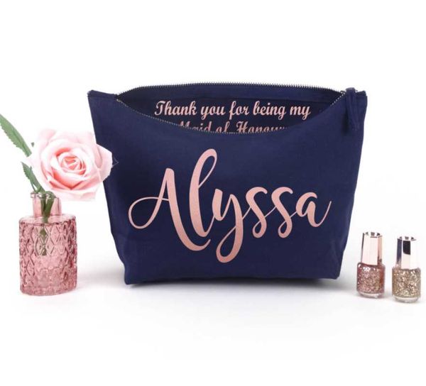 

custom any language rose gold wedding cosmetic bags, bride makeup bag bridal shower favor, personalise bridesmaid make up bags
