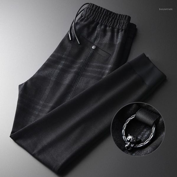 

thick men luxury knitted composite plaid casual sport man pants fashion velvet slim fit mens trousers plus size 4xl1, Black