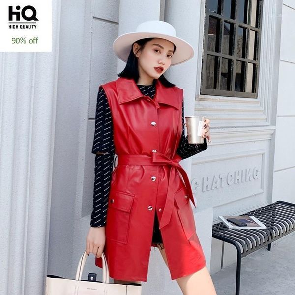 

high street genuine leather womens sleeveless long jackets single breasted lapel belt pockets plus size medium length waistcoats1, Black;white