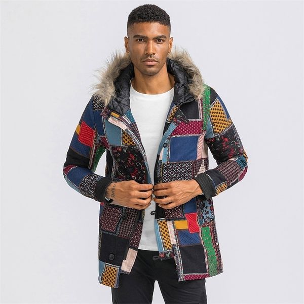 

new thicken warm men casual winter fox fur collor jackets warm floral print mens jacket coats winter cotton hooded long parkas lj201030, Black;brown