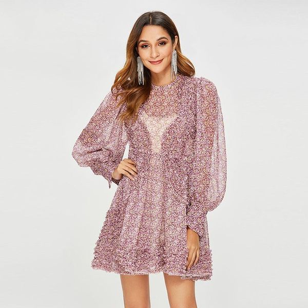 

high street new fashion 2019designer runway dress women's lantern sleeve floral print casual dress1, Black;gray