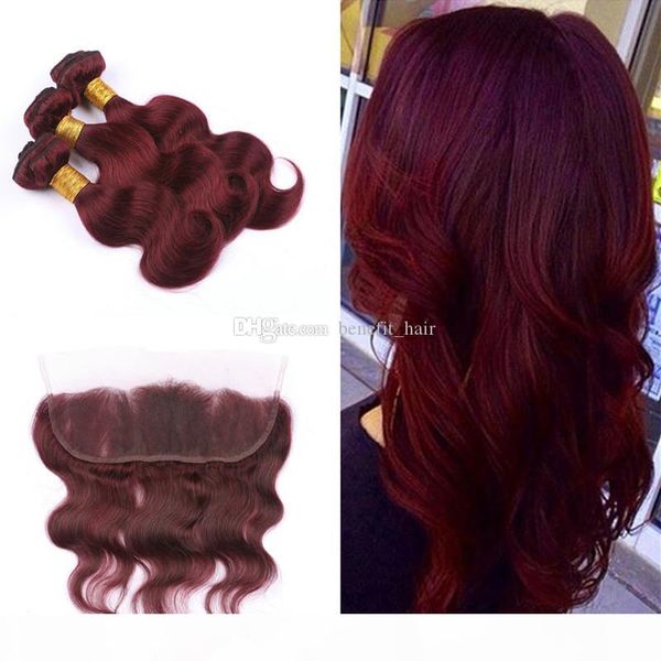 

burgundy body wave wavy hair extensions with lace frontal 13x4 wine red 99j brazilian human hair 3bundles with lace frontal part, Black;brown