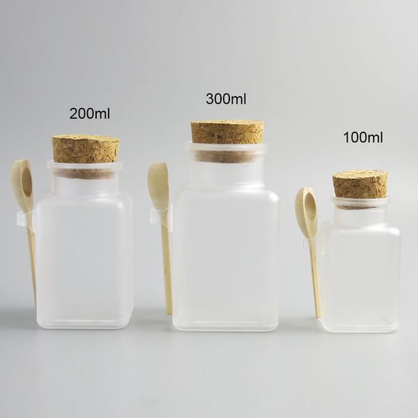 Vaso quadrato grande in plastica trasparente ABS per imballaggio cosmetico in polvere, sale da bagno, bottiglia di sughero con cucchiaio di legno 100 ml 200 ml 300 ml 10 pezzi