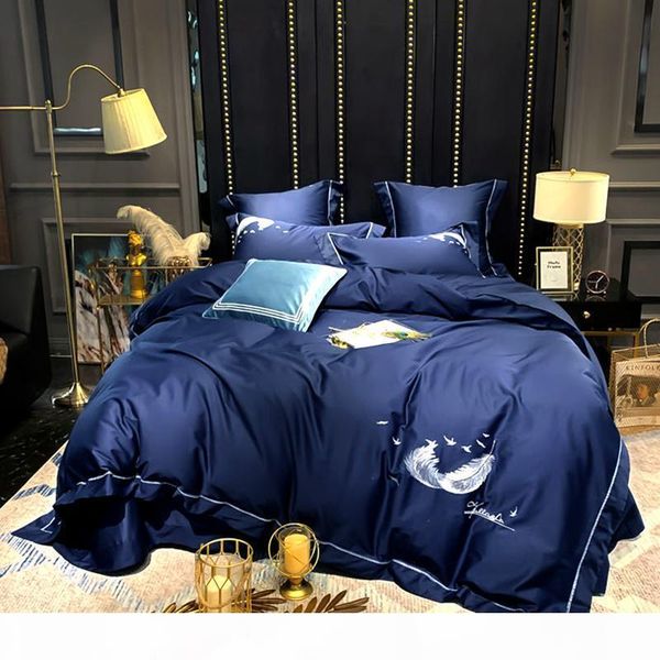 

30 blue egyptian cotton 600tc embroidery luxury wedding bedding set king  size duvet cover pillowcase bedsheet 4 6pcs#s