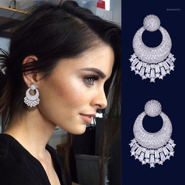 

unique geometry full micro cubic zirconia paved naija trendy shiny wedding earring fashion jewelry 2020 super1, Silver