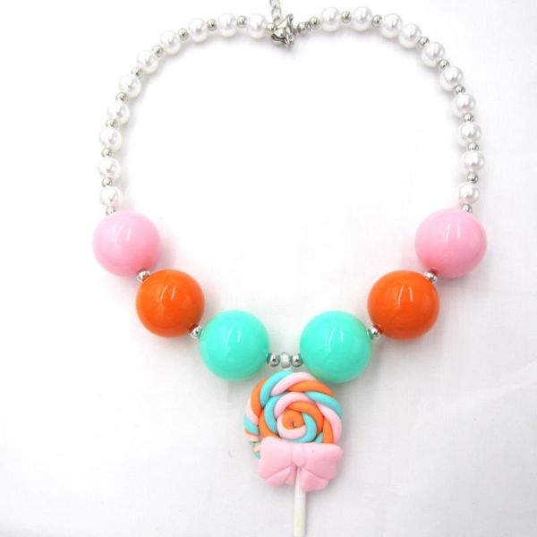 

pendant necklaces 2pcs/lot gifts for baby girl pink bow lollypop chunky girls pearl strand toddler bubblegum necklace jewelry, Silver