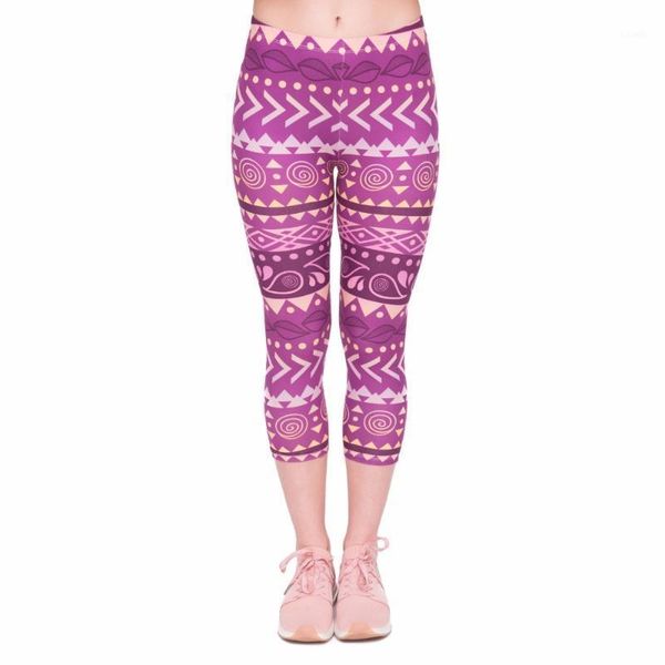 

summer fashion women capri leggings boho purple printing mid leg 3/4 fitness movement leggins woman capri pants#31, Black