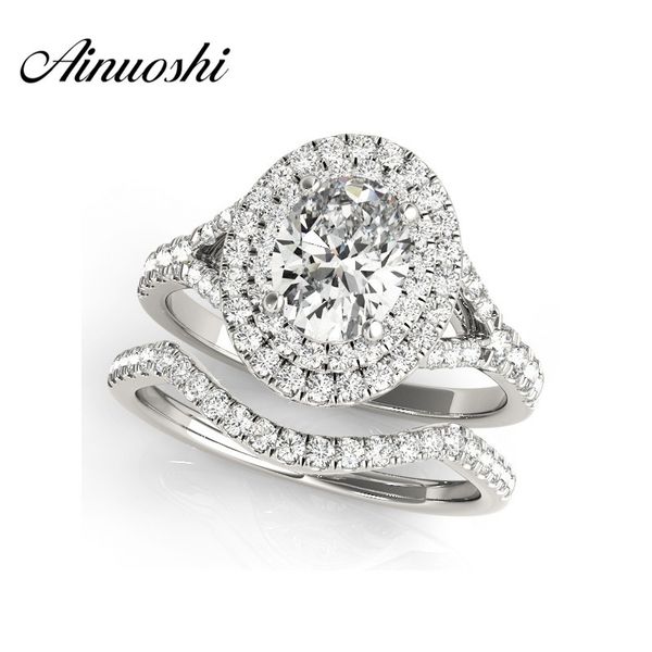 

ainuoshi 925 sterling silver white gold color queen anniversary ring sets sona 3 carat oval cut wedding halo bridal ring sets y200106, Slivery;golden