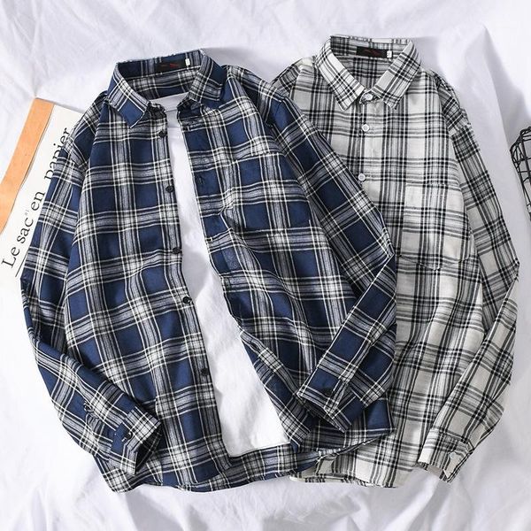 

plaid shirts men blouse vintage white long sleeve shirt mens plus size clothes streetwear button youth apparel fashion clothing1, White;black