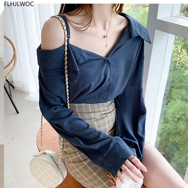 

solid white shirts long sleeve single breasted button autumn basic elegant office lady women one off shoulder strap blusas
