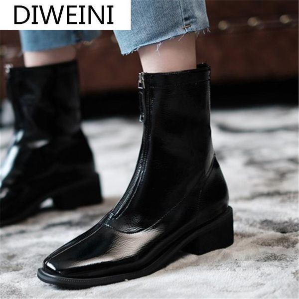 

2021 autumn women boots fashion women pu leather ankle boots retro zipper platform casual boot for botas mujer shoes woman, Black