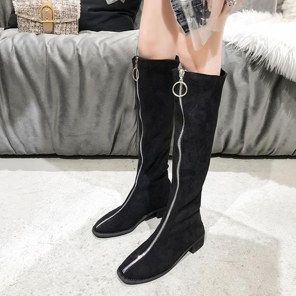 

boots 2021 women mid calf autumn heel khaki flock shoes fashion winter front zipper warm1, Black