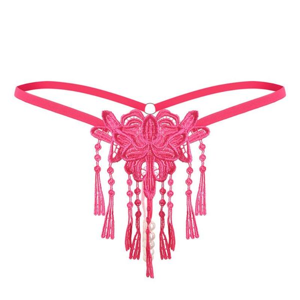 

women's panties tassel embroidered ladies pearl massage low waist thong flirting underpants, Black;pink