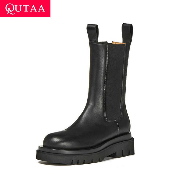 

qutaa 2021 mid calf casual round toe platform fashion boots cow leather autumn winter slip on women shoes size 34-39 q1104, Black