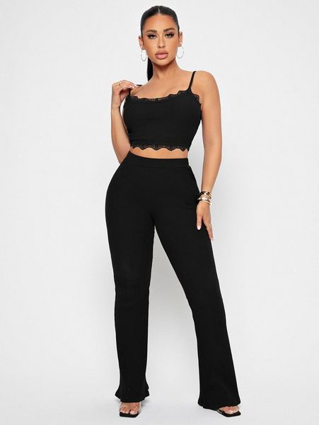 

solid contrast lace crop cami & pants 20ae#, White