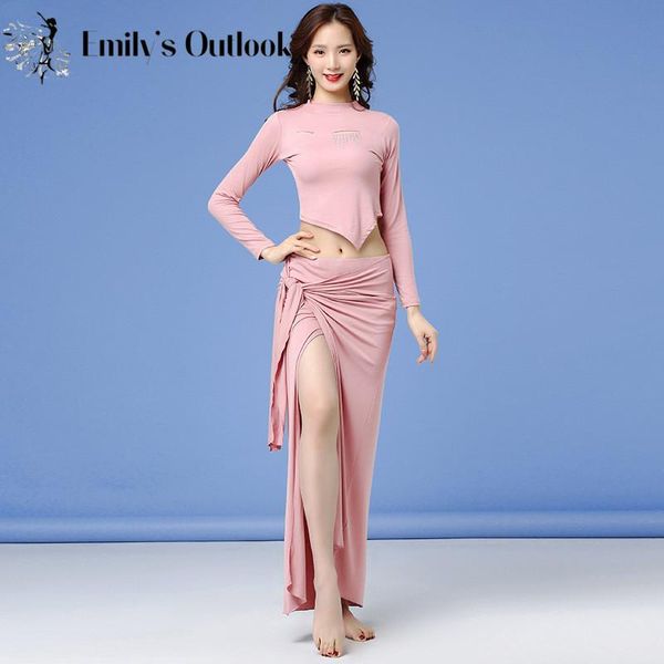 

2020 autumn belly dance costume women high collar blouse long sleeve shirt side split skirt oriental dancer practice clothing xl, Black;red