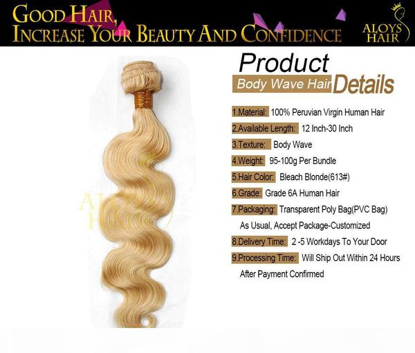 

bleach platinum blonde peruvian virgin hair extensions body wave color #613 peruvian remy human hair weave wefts 3 4 bundles lot tangle free, Black