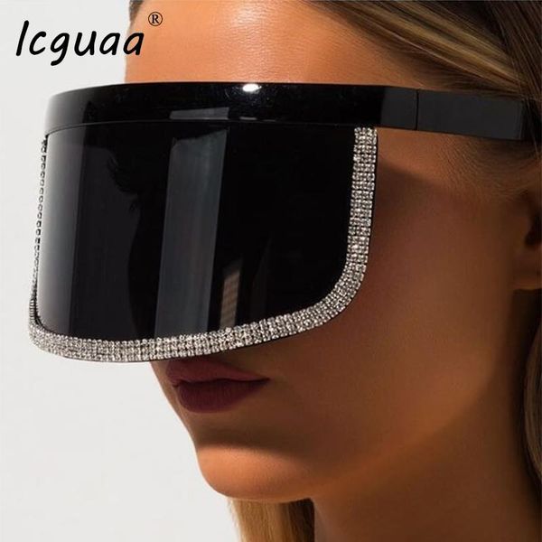 

sunglasses fashion crystal oversize shield visor women 2021 flat mask onepiece shades men windproof eyewear gafas de sol, White;black