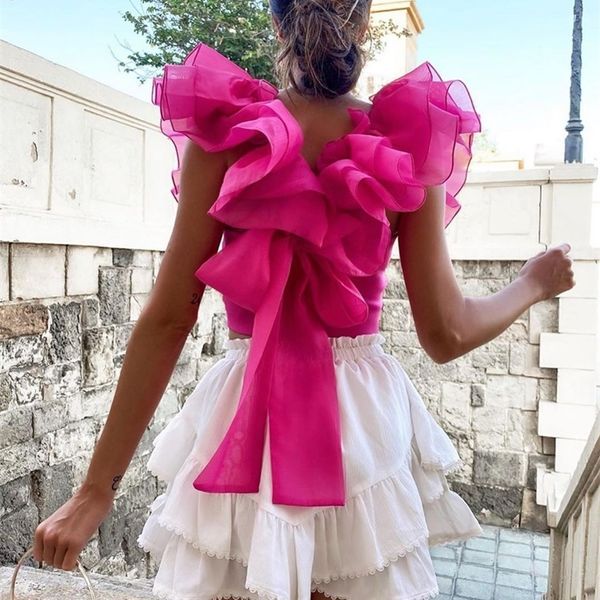 

summer chiffon blouse women transparent organza pink puff ruffle sleeve back bow slim short female mujer za new, White