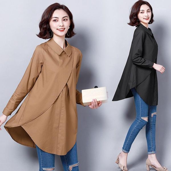 

spring and autumn new style long-sleeved mid-length hong kong-style plus size shirt women's loose, White